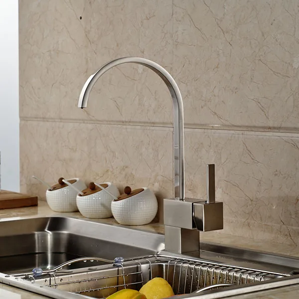 

Contemporary Brushed Nickel Kitchen Sink Faucet Single Lever Hot and Cold Water Kitchen Tap Deck Mount