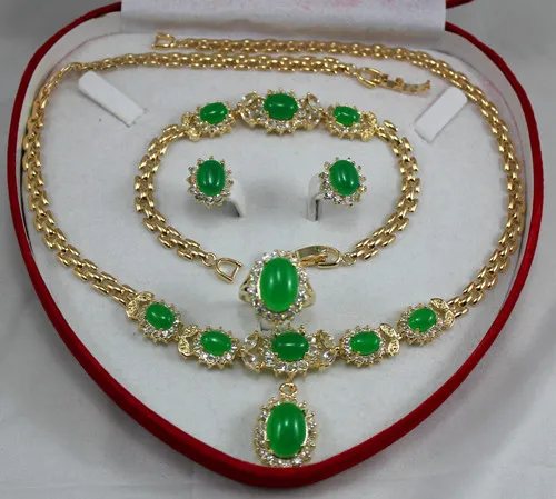 

free shipping>>> 2 choices wholesale new green jade 10*14mm ring(#7.8.9) 18" chain pendant necklace stud earrings &bracelet jewe