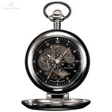 KS Luxury Black Skeleton Self-stand Case Analog Hand Wind Mechanical Relogio Fob Pendant Chain Steampunk Men Pocket Watch/KSP063