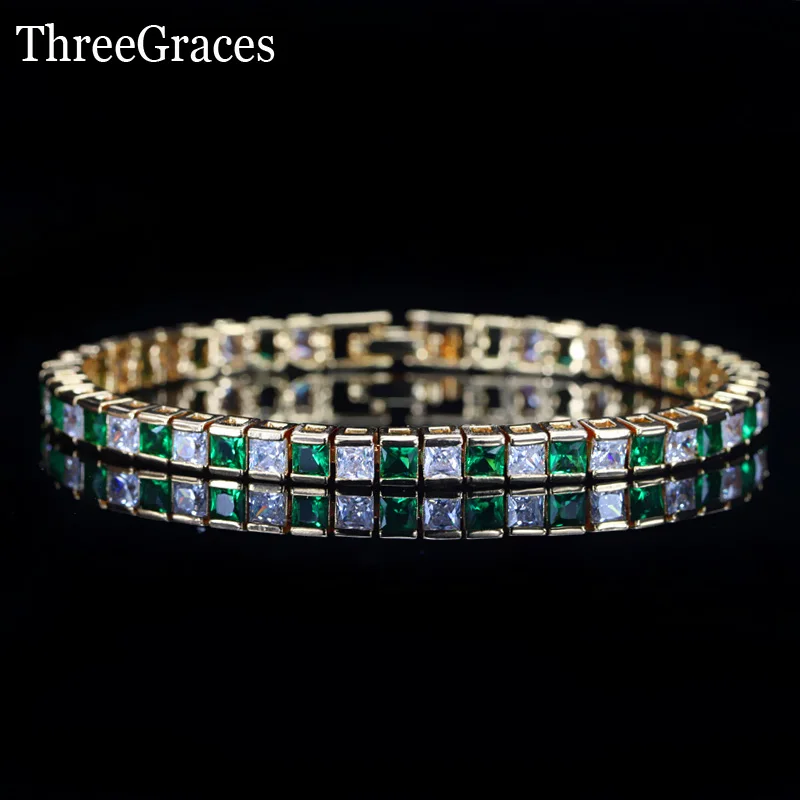 ThreeGraces Модные женские золотые цвет CZ ювелирные изделия квадратной огранки кубический циркон белый зеленый кристалл для женщин цепи браслеты BR105