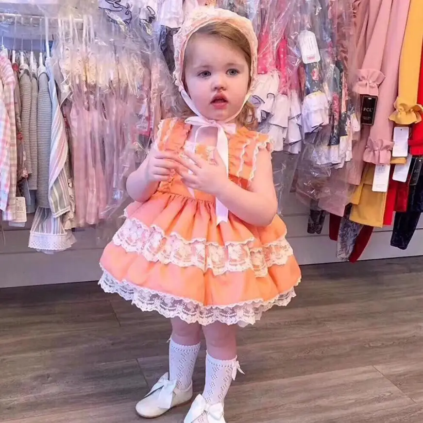 

Spanish Vintage Palace style Princess Dress For Girls children Sleeveless lace spliced dress Modis Kids Clothes Vestidos Y1674