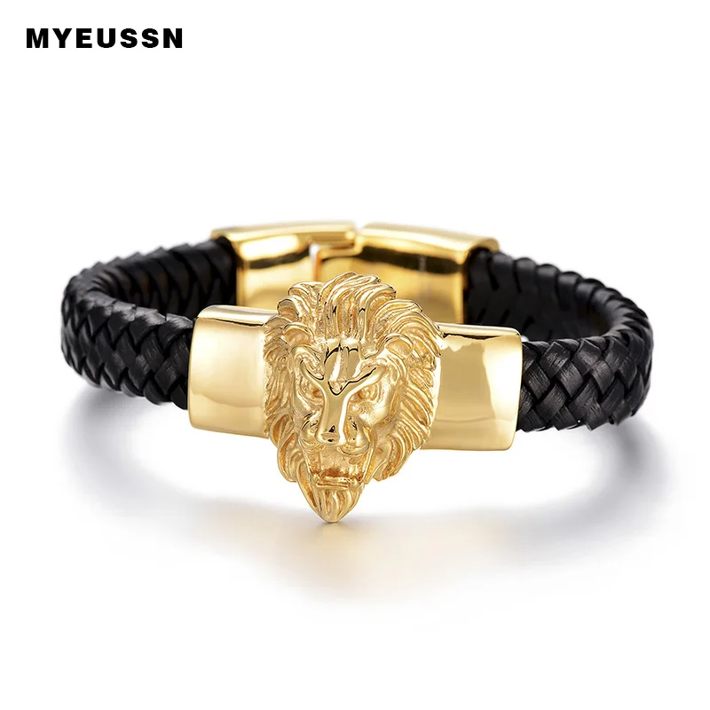 Gold Lion King Head Bracelet 316L Stainless Steel Black Weaving Leather
