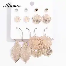 Minmin, 6 шт./партия, золотой цвет, геометрический, богемный, Комплект сережек для женщин, цветочный лист, кристалл, маленькие серьги-гвоздики, EH1489