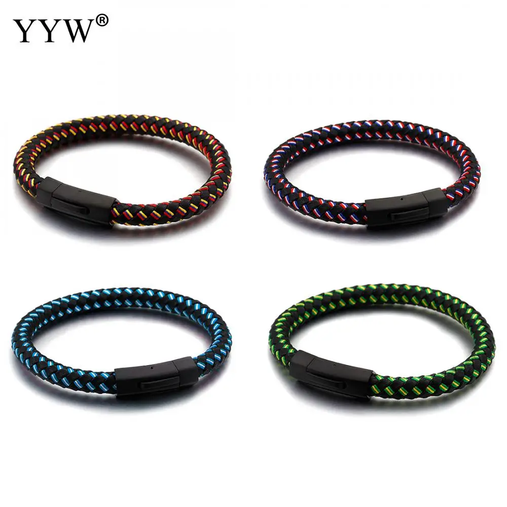 7mm Leather Bracelets Men Jewelry Punk Black Braided Nylon Cord Bracelet Fashion Male Bracelets