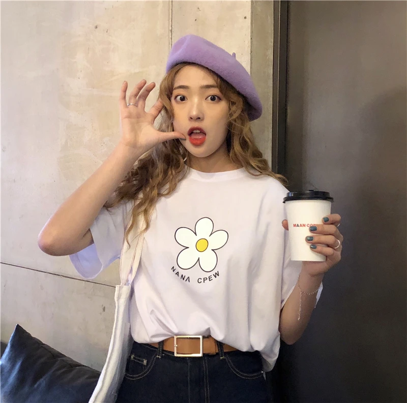 Harajuku ulzzang цветы милый корейский хлопок с коротким рукавом o-образным вырезом Летняя мода Повседневная Свободная Женская футболка большого размера