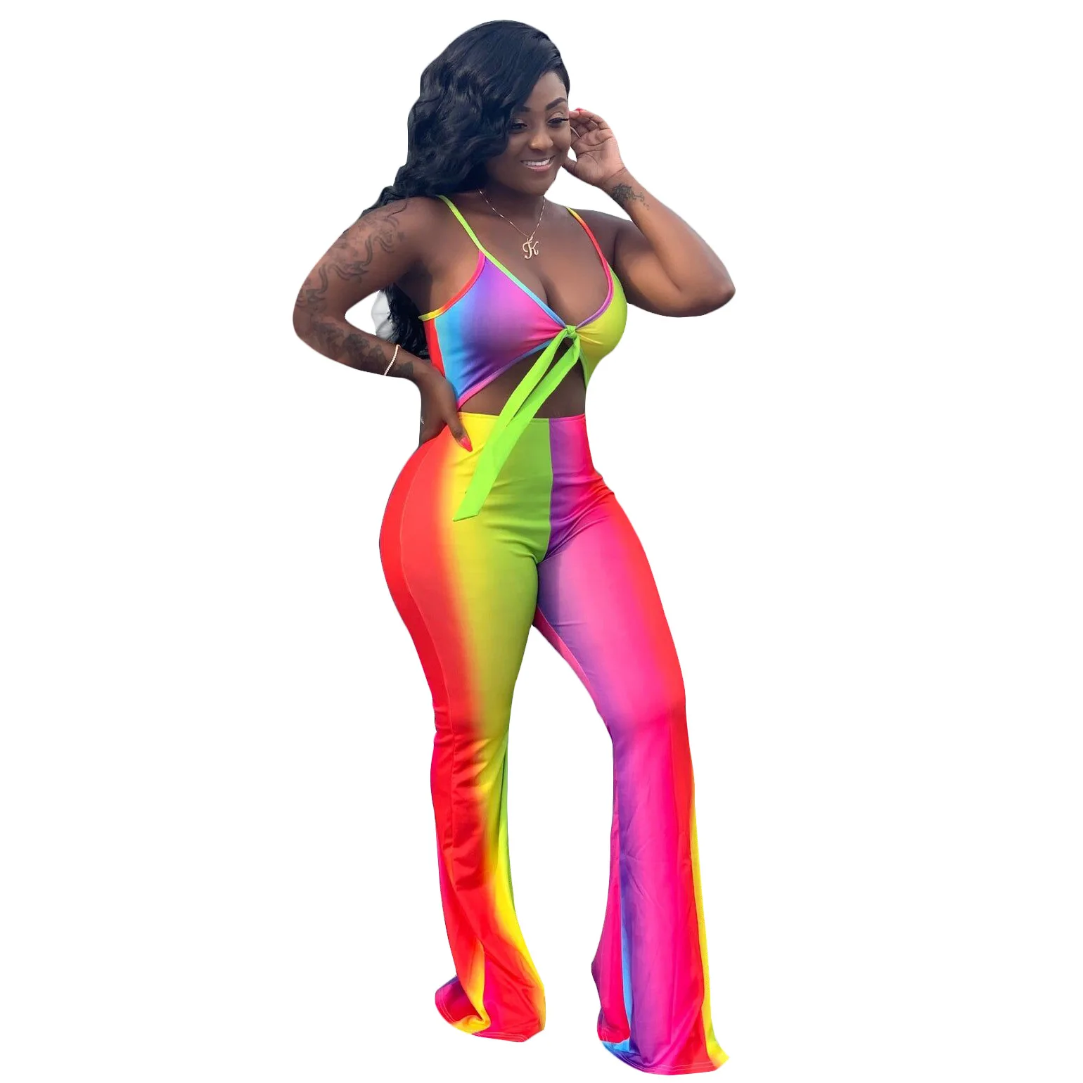 

Spring Summer Women Jumpsuit Bodycon Playsuit Bodysuit Overalls Rompers Plus Size Rainbow Print Wide Leg Pants Jumpsuits