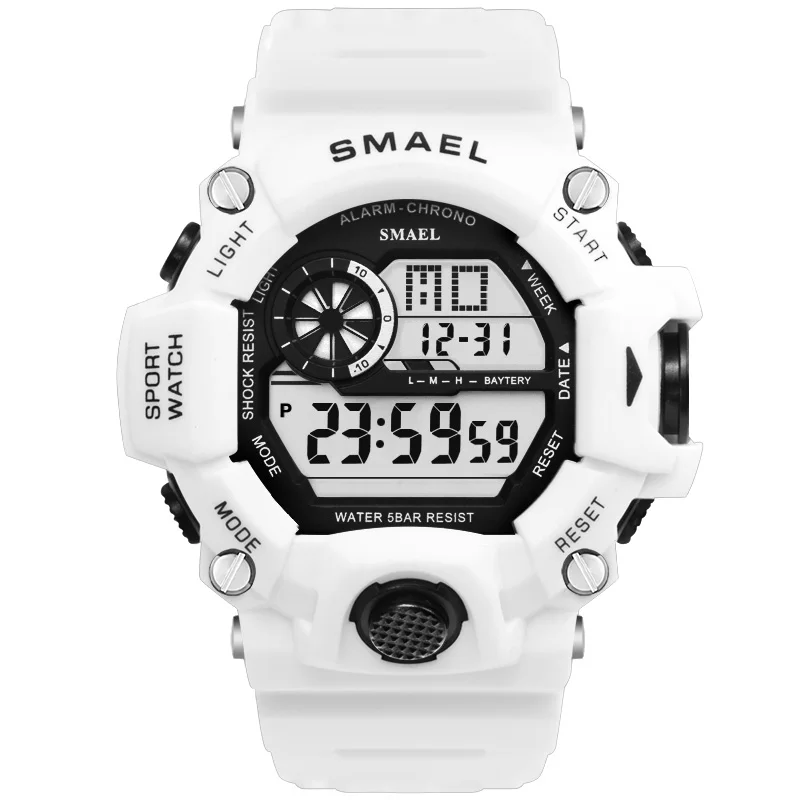 Спортивные кварцевые цифровые часы, мужские часы, SMAEL, спортивные часы, мужские водонепроницаемые часы, мужские часы, белые цифровые военные часы - Цвет: White