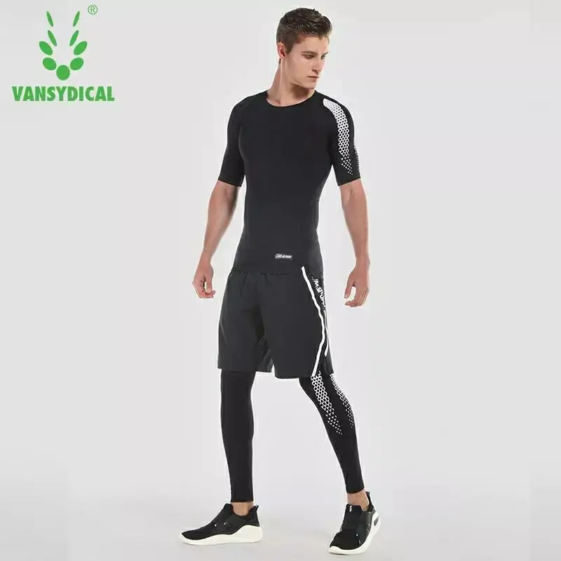 Vansydical Компрессионные спортивные костюмы мужские трико для бега топ и шорты