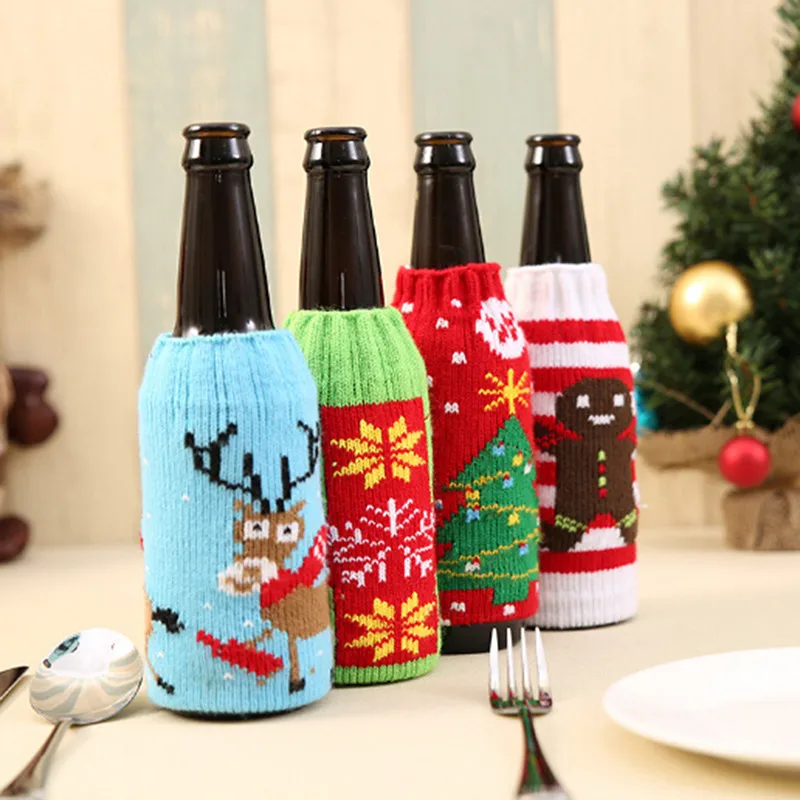 

Knitted Wine Bottle Cover Bags Decoration Party Santa Claus Christmas Cap On Wine Bottle Xmas Day Favor Decor Acceessories