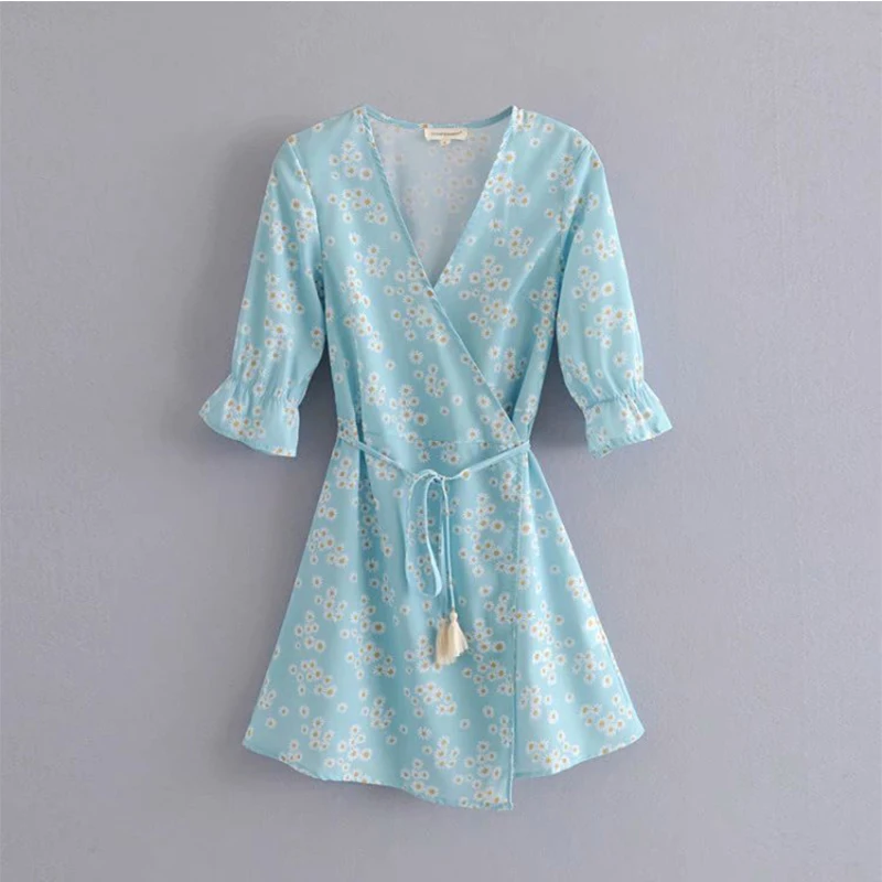 

Women Dress Summer 2019 Polyester Small Chrysanthemum Printed Wrap Dress Lady Summer Leisure Slim Temperament Dress