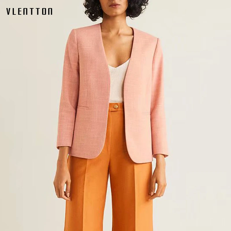 

2019 Spring Autumn Fashion Pink Blazer Jacket Women's V-Neck Pockets Short Office Ladies Blazers Mujer Outerwear Female Coat