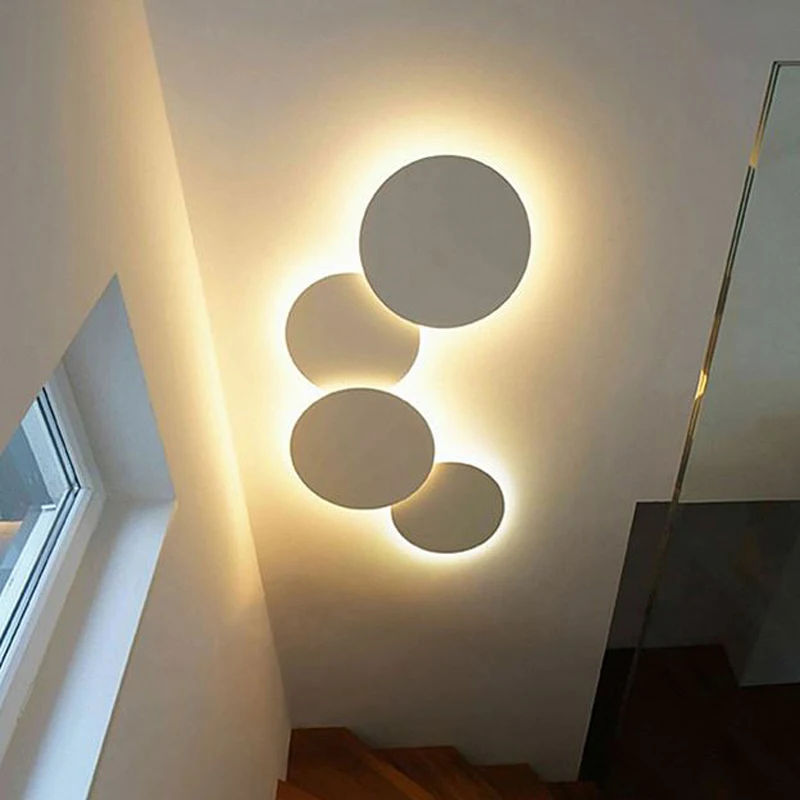 

LED Wall Lamp Circular Living Room Wall Light Round Moon Wall lamp Modern Bedroom Lamp Simple Study Light Wood Stair Wall Lamps