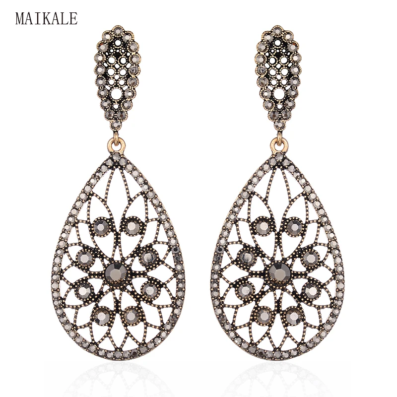 

MAIKALE New Water Drop Vintage Earrings Alloy Drop Earing Exaggerated Black Rhinestone 3 Color Long Earrings For Women Send Gift