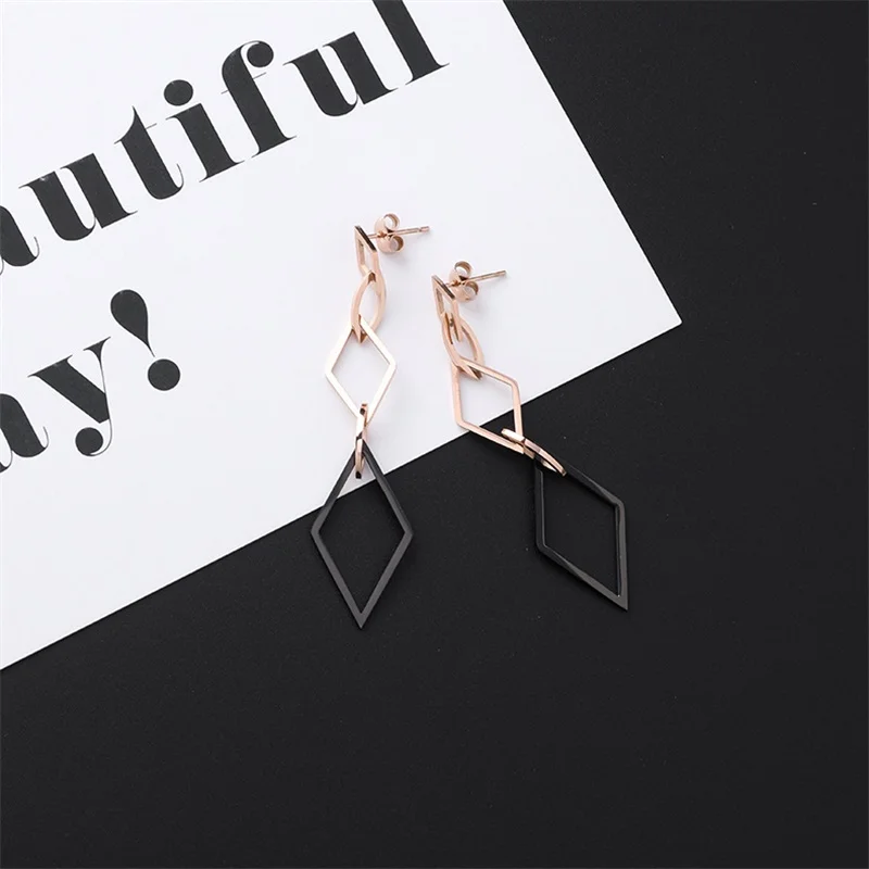 New Listing Geometric Titanium Steel long Tassel Girl Earrings gold Stainless Steel Triangle leaf Girl Black Jewelry Earrings 1 - Окраска металла: style-6