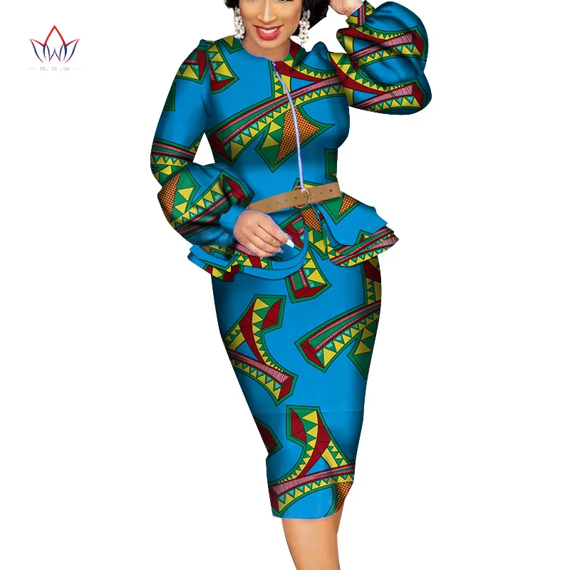 2020 Summer African Dashiki For Women O-neck Skirt Set Natural Bazin Riche African Fashion Clothing Cotton Plus Size BRW WY4686