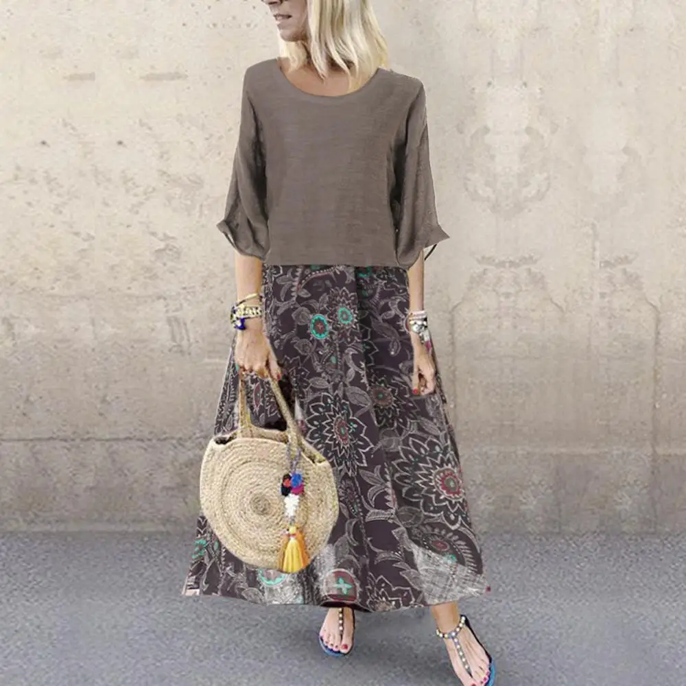 

Women Print Floral Plus Size Sleeveless Bohemian O-Neck Vintage Long Maxi Dress