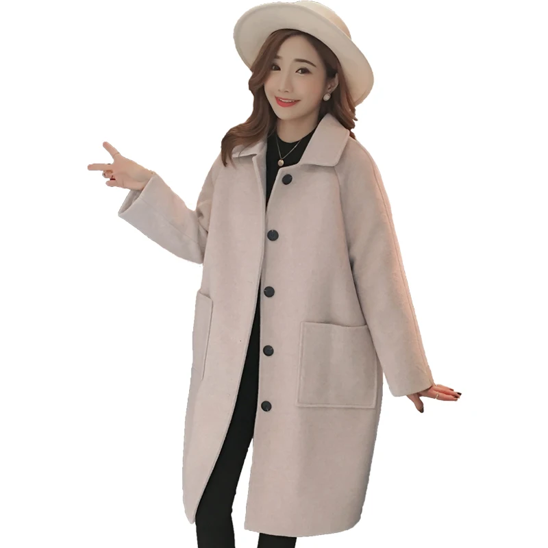 

New Woolen coat female long Korean 2018 autumn winter warm thicke woolen coat female solid jacket coat button pocket windbreaker