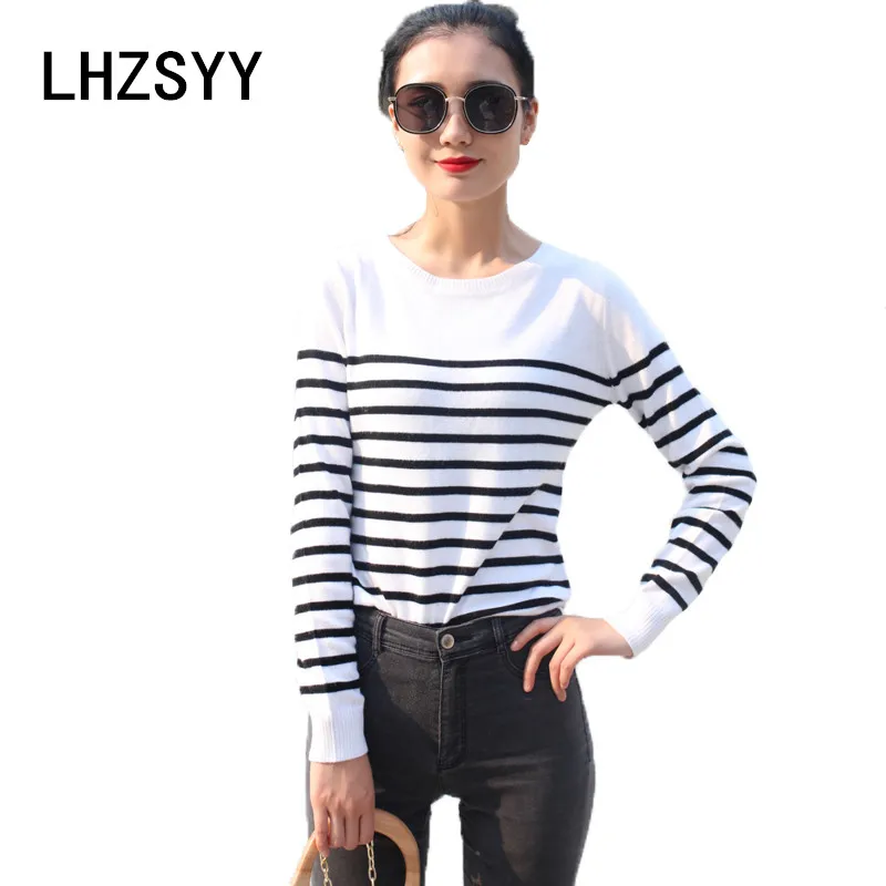 

LHZSYY 2018 Spring Autumn New Women Cashmere Sweaters Fashion O-Neck Loose Striped Shirts Wool Knit Pullover Short Soft Sweaters