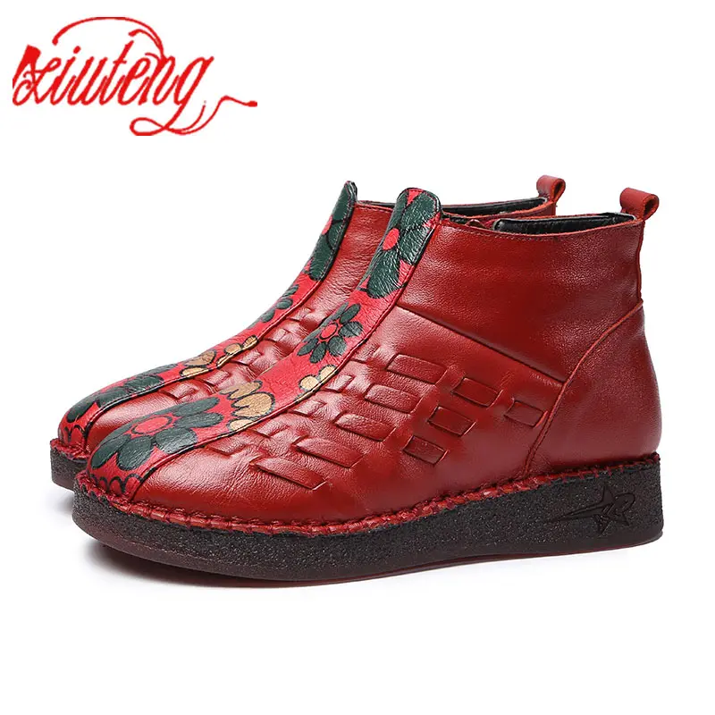 

Xiuteng Fashion Genuine Leather Woven Snow Boots Women Top Quality Flat Shoes 2018 New Ankle shoes women winter Warm Fur shoes