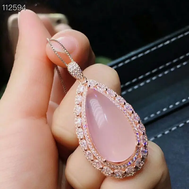 MeiBaPJ натуральный высокое качество розовый большой розовый кварц драгоценный камень ювелирные изделия набор 925 Чистое серебро ожерелье и кольцо костюм для женщин - Цвет камня: Pendant necklace