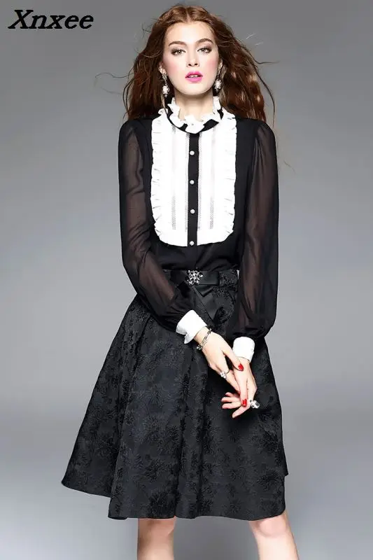 

Xnxee 2018 Spring Designer Silk Shirt Women's High Quality Puff Sleeve Ruffle Collar Color Block Overall Black White Blouse