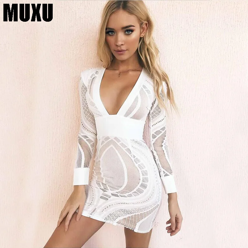 

MUXU white lace dress sexy transparent dress long sleeve kleider pencil dress patchwork vestidos jurken elbise women clothing