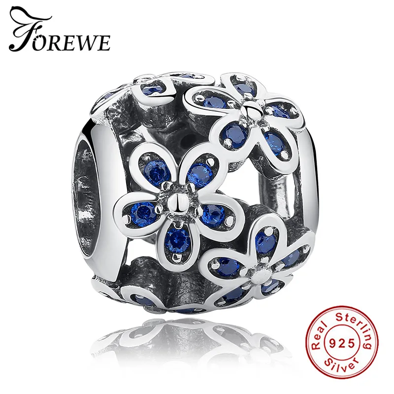 

FOREWE Fashion 925 Sterling Silver Exquisite Blue Crystal Flower Charm Beads Fit Original Pandora Charm Bracelet Jewelry Making
