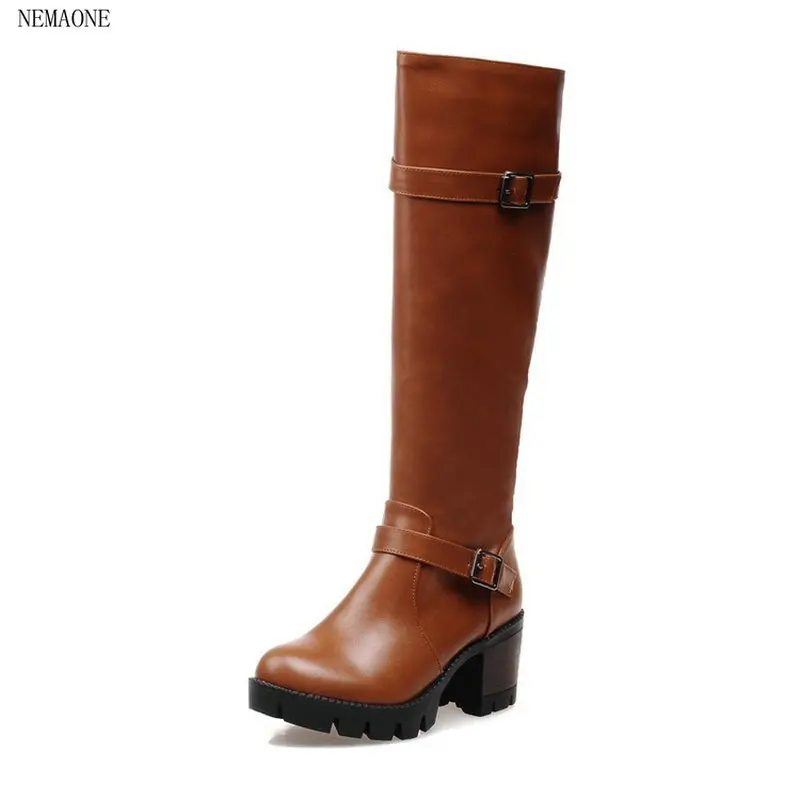 

NEMAONE New Women's Knee High Boots Thick High Heel Platform women Boots Black red yellow winter boots Plus Size 34-43