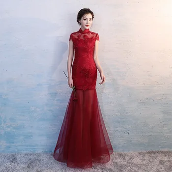 

Burgundy Chinese Style Lady Cheongsam Sexy Short Sleeve Women Qipao Embroidery Leaf Classic Dresses Large Size 3XL Vestidso