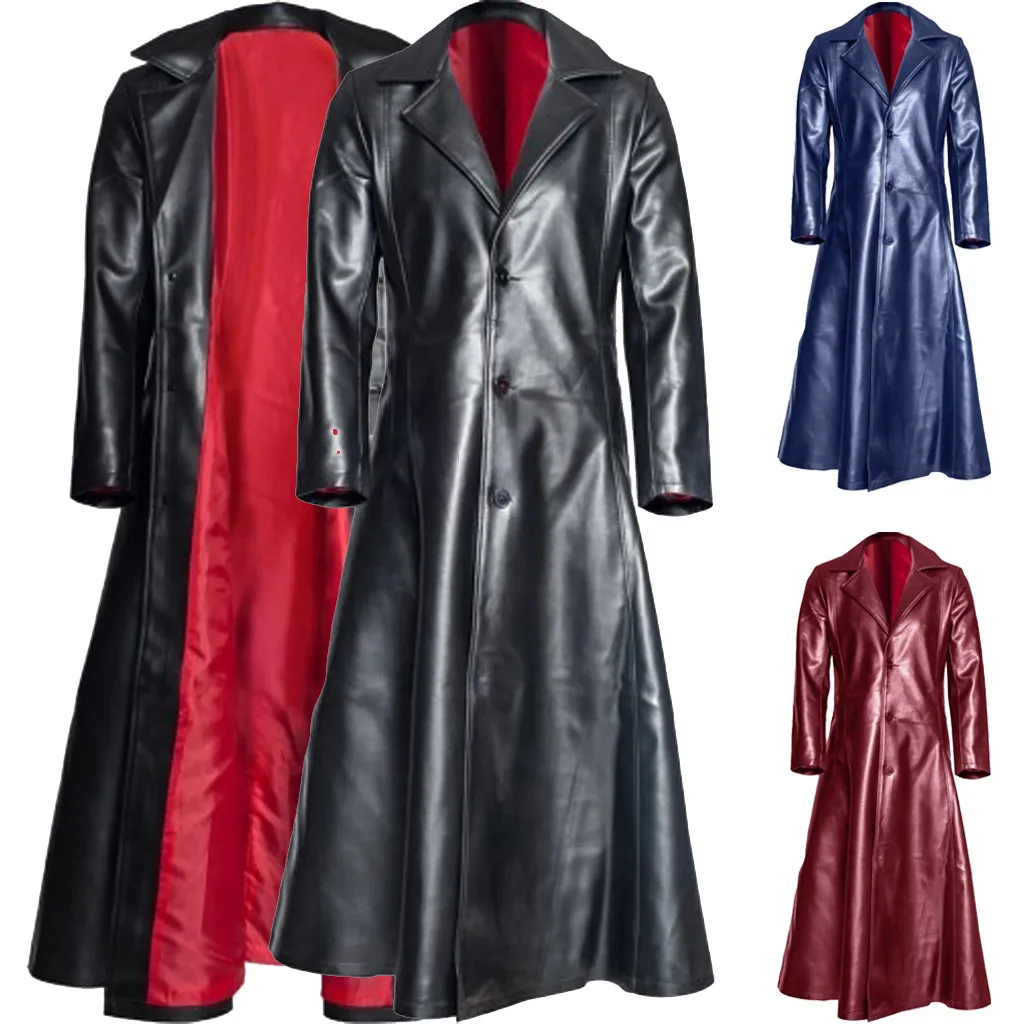Новое мужское модное длинное пальто в готическом стиле, кожаное пальто, куртка из искусственной кожи, куртки, S-5XL