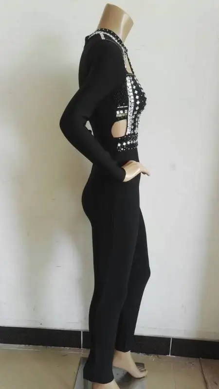 Для женщин сексуальный Manutal длинный рукав с бисером черный вискозный, обтягивающий, утягивающий комбинезон
