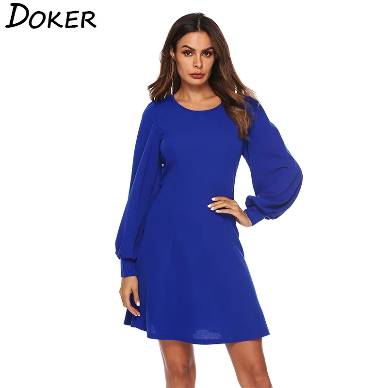 

2019 Autumn Fashion Elegant Office Work Dress Women O-neck Lantern Sleeve A-line Dress Ladies Plus Size Loose Dresses
