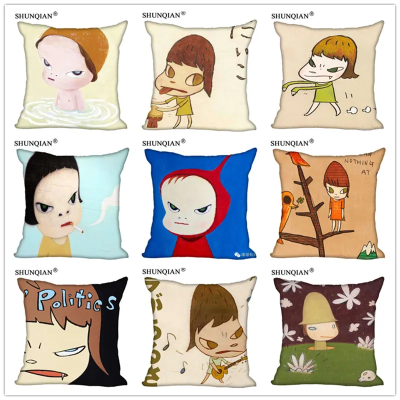 

Customized Pillow Cover Yoshitomo Nara Decorative Pillowcase Square Zipper Pillow Cover 20X20cm 35X35cm 40x40cm