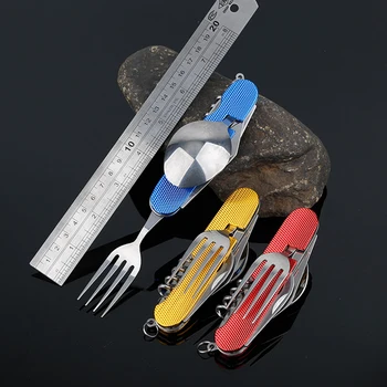 

Outdoor Tableware 5 in 1 Set Folding Versatile Spoon Fork Sharp Knife Bottle Opener Stainless Steel Picnic Cutlery Camping