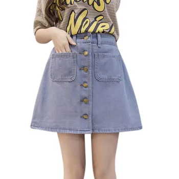 

Fashion Button High Waist Small Pockets Skirt Summer Womens A-Line Jeans Skirt