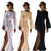 Womens Flare Sleeves Bikini Cover Up Crochet Knitted Hollow Grid Belted High Waist Maxi Beach Dress High Split Holiday Sundress retro buttoned high waisted belted flare dress