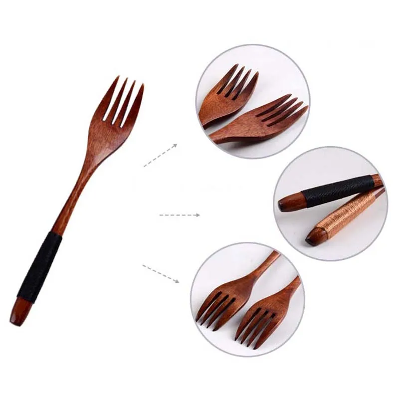 BalleenShiny 1pc Japanese Style Wooden Fruit Fork Handmade Cable Tie Handle Dessert Dining Forks Four Tooth Cutlery Tableware