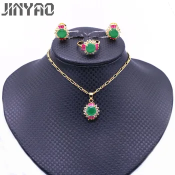 

JINYAO Fashion Yellow Gold Color Red Green Zircon Pendant Necklace Earrings Ring Sets For Women Wedding Party Jewelry bijoux