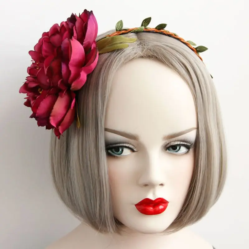 

Womens Bohemian Artificial Braided Rattan Headband Photo Props Large Red Flower Green Leaves Hair Hoop Holiday Beach Headpiece