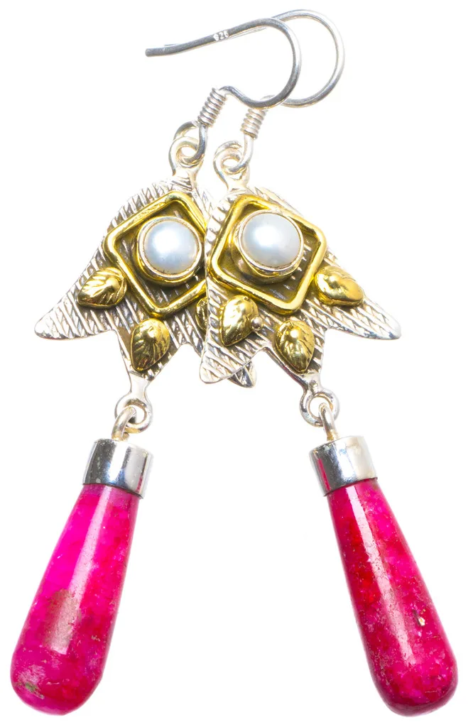 

Natural Two Tones Cherry Ruby and River Pearl Handmade Unique 925 Sterling Silver Earrings 2.25" X4123