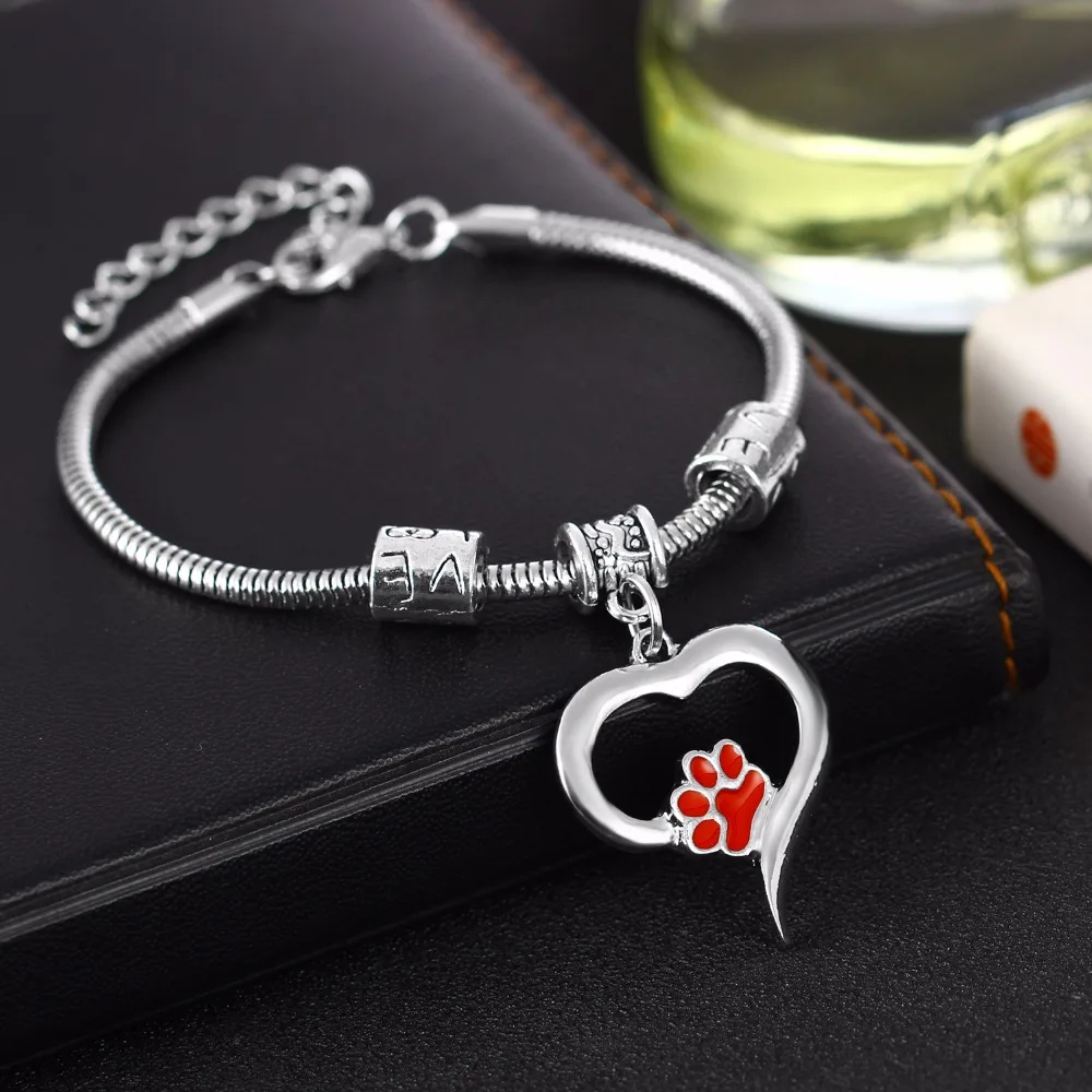 12PC/Lot Red Enamel Pet Paw Print Bracelets Animals Dog Cat Lovers Jewelry Love Heart Charms