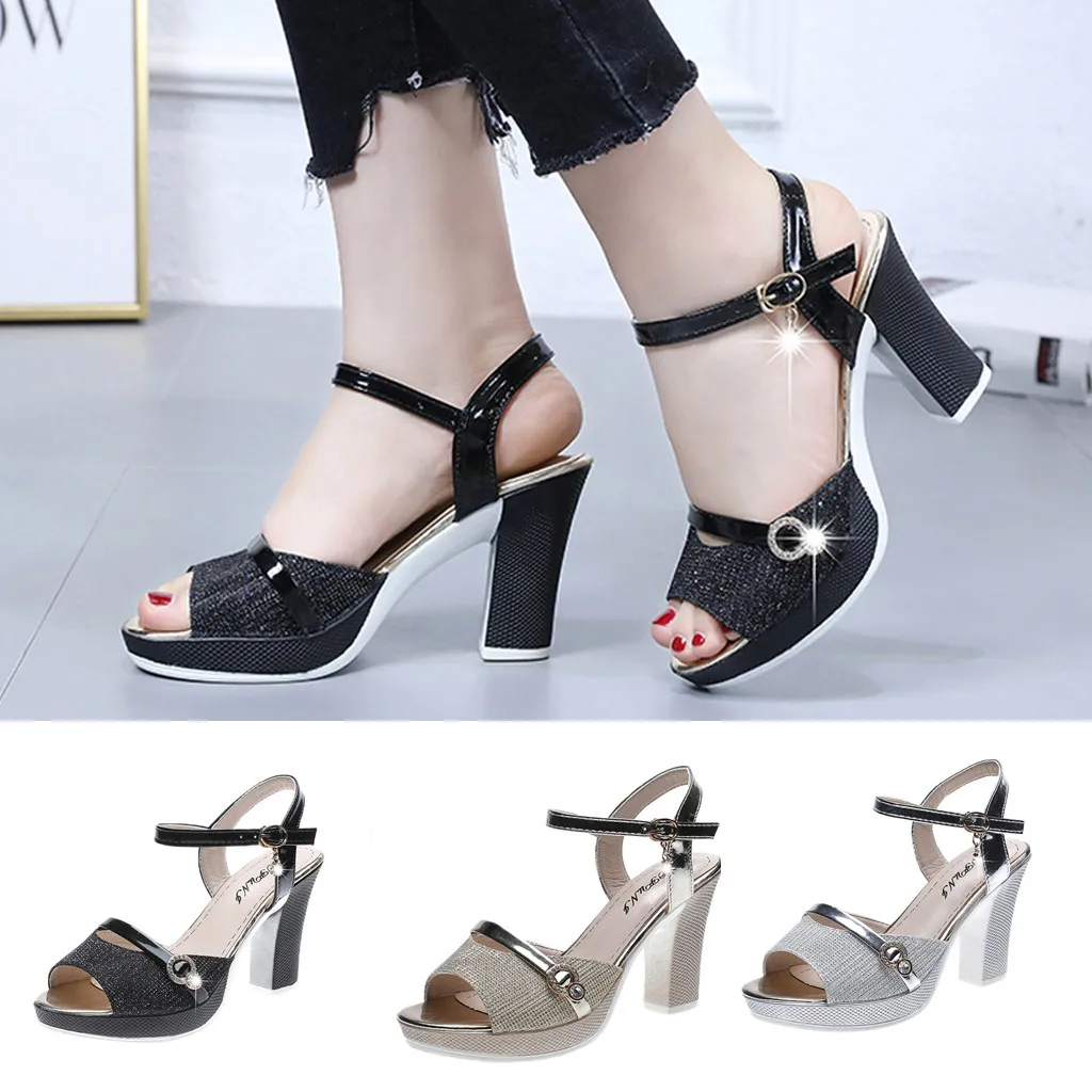 

women's High Heel Shoes Buckle Ankle Sandals Dress Party Fish Mouth Sandal trend rhinestone sandals thick with women's shoes