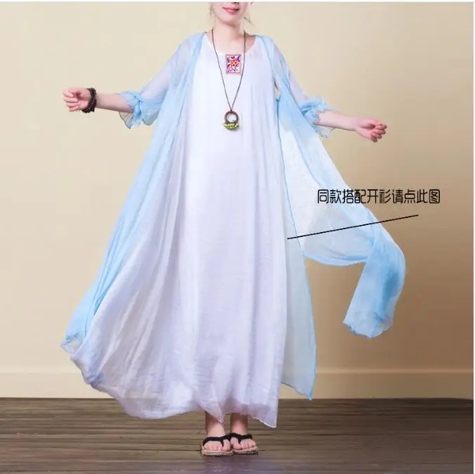 Elegant Temperament Women Long Dress 2022 New Summer Silk Exquisite Embroidered Simple Round Collar chiffon Loose Vest Dresses | Женская