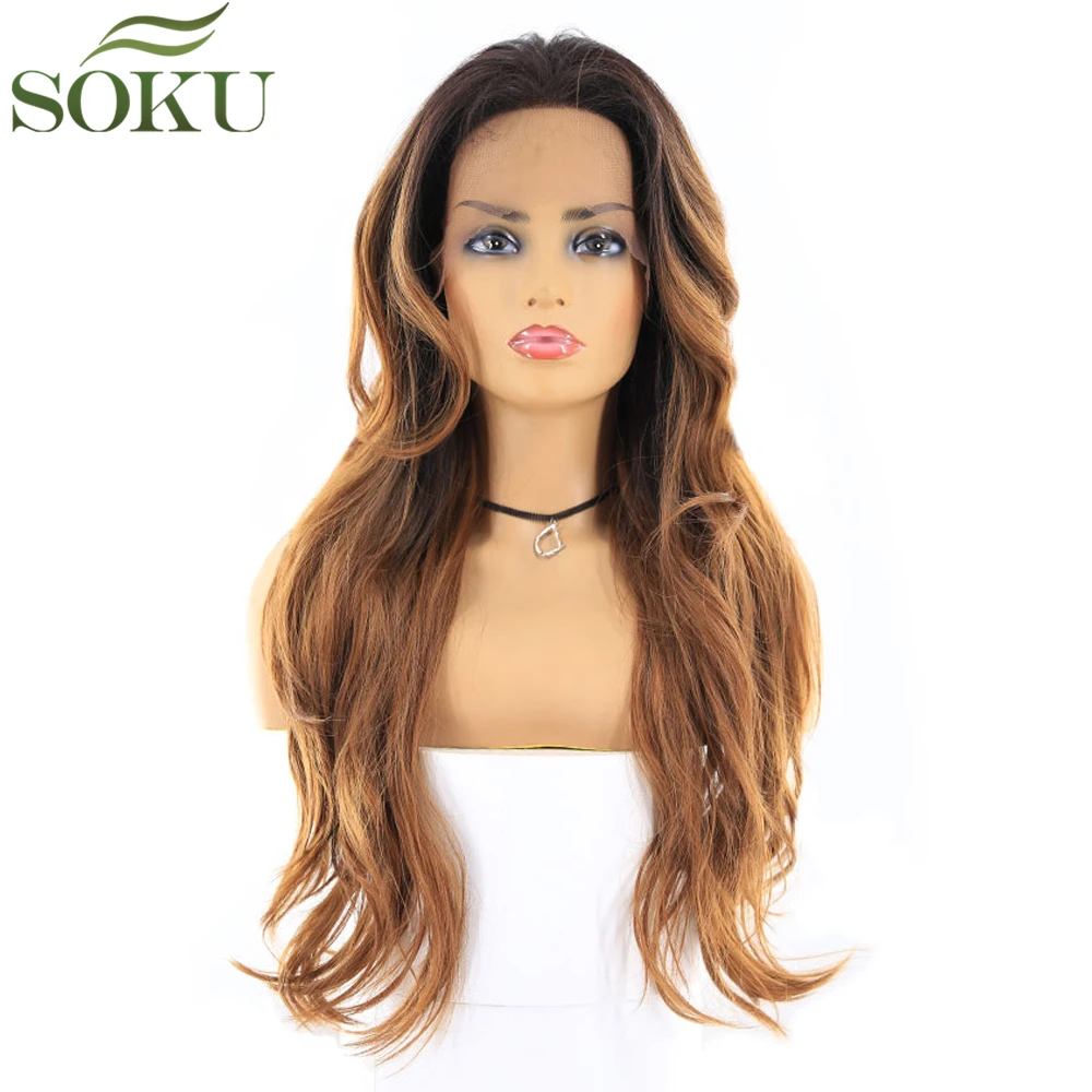

Synthetic Lace Front Wigs With Baby Hair SOKU 24 Inch Long Wavy Brown Free Part Glueless High Temperature Wigs For Black Women