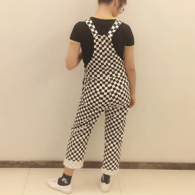 Plus Size Kpop Ulzzang Street Hiphop Straight Wide Leg Overalls Cotton Denim Pant Suspender Jumpsuit Checkerboard Plaid Trouser 1