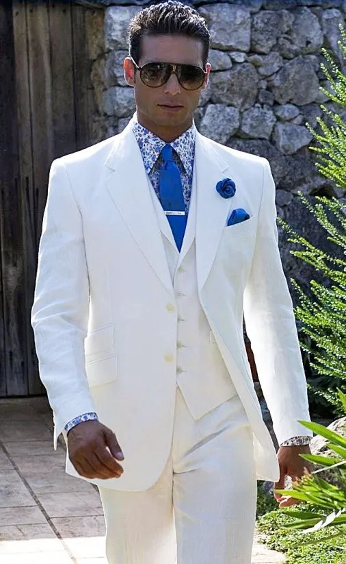 2018 Summer White Linen Suit Men Blazer Designs Beach Wedding Tuxedos Prom Slim Fit Men Suit Jacket Custom Made(Jacket+Pant)L002