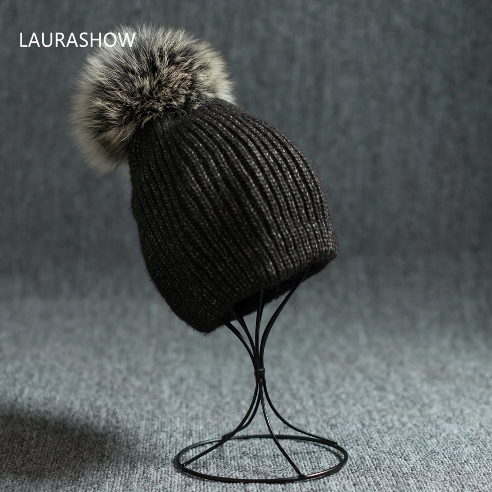 LAURASHOW, зимняя брендовая шапка для взрослых, 14 см, натуральный шарик из меха лисы, помпоны, шапка для женщин, вязаная шапка, шапка Skullies, женские шапочки