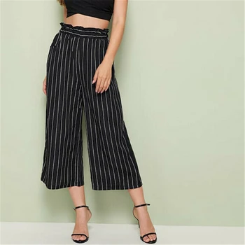 

New Women Casual Long Trousers Striped Elastic Waist Pants Ankle Length Pants Leggings Casual Palazzo High Waist Flared Trousers