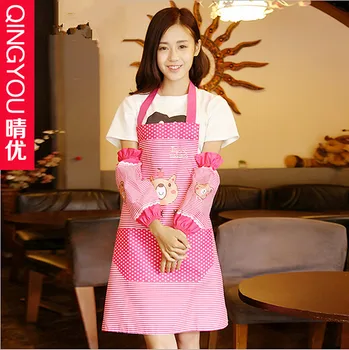 

Useful Multi-function Kikchen tools Suit Korean Fashion Waterproof Cartoon Shy Bear Stripes Long Sleeve Lace Apron Suit