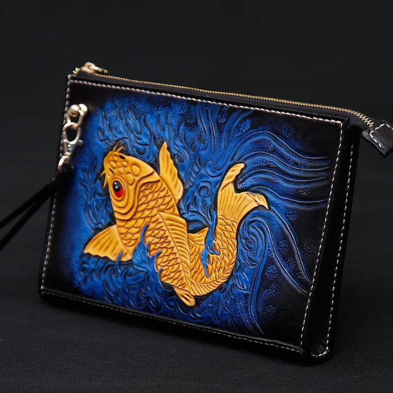 

Handmade Men Vegetable Tanned Leather Carvings Carp Bag Money Holder Clutch Purse Pocket Man Clutches Envelope Birthday Present